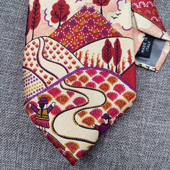Vintage Ted Lapidus Andes Mountain Peru Chullo Landscape Silk Tie Wine Plum - Picture 2 of 13